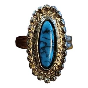 Vintage Turquoise Statement Ring Adjustable Silver Tone Boho Western Style